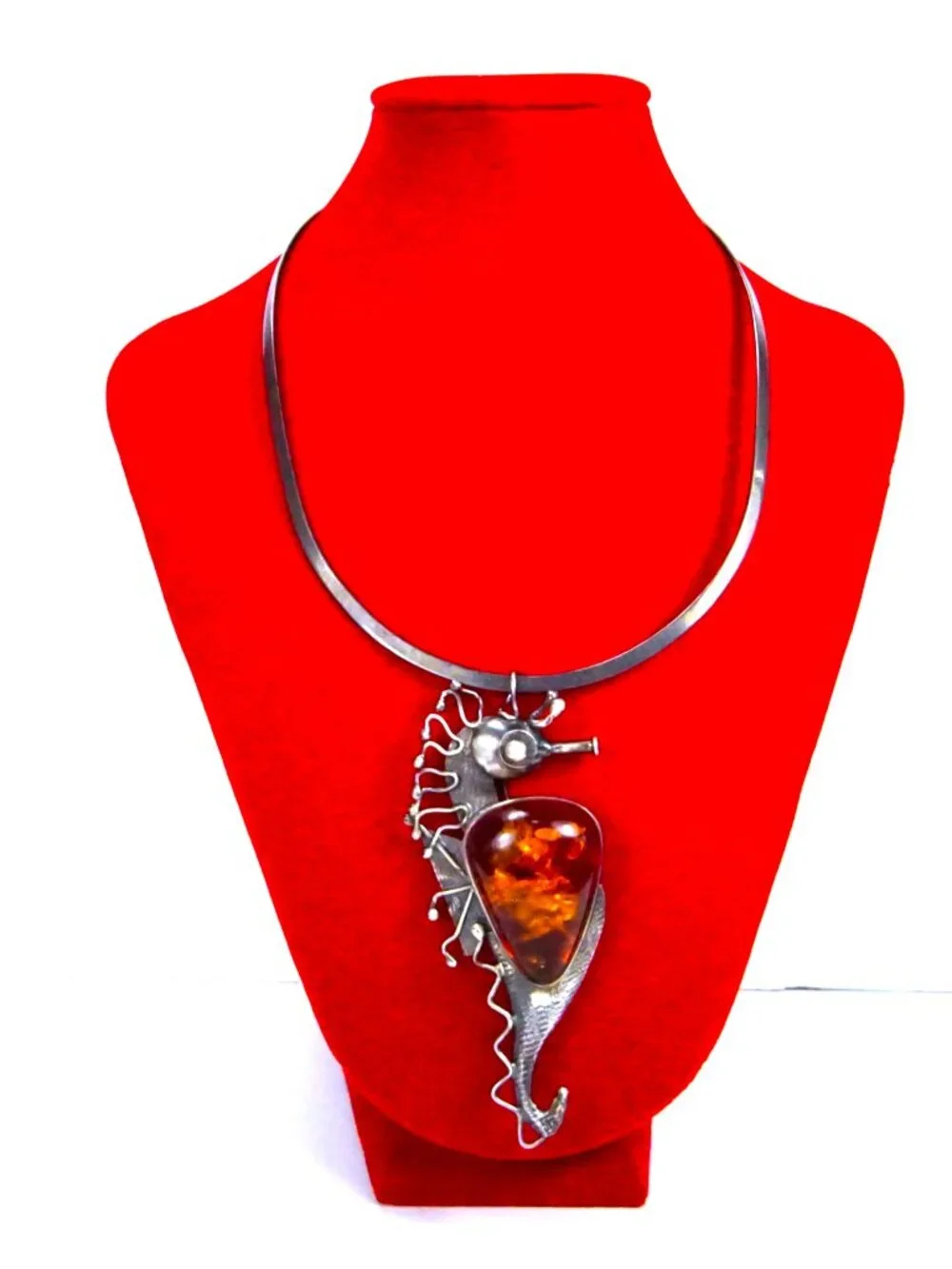 Rare Seahorse Baltic  Amber Sterling  Silver Pendant-Brooch Necklace